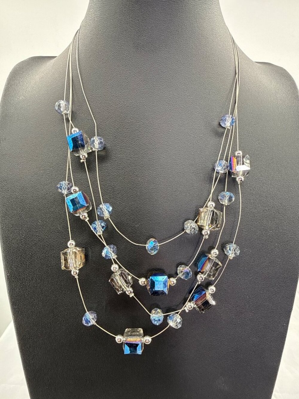 Vintage Floating Crystal Illusion Necklace Blue Iridescent Multi Strand Cube Bea